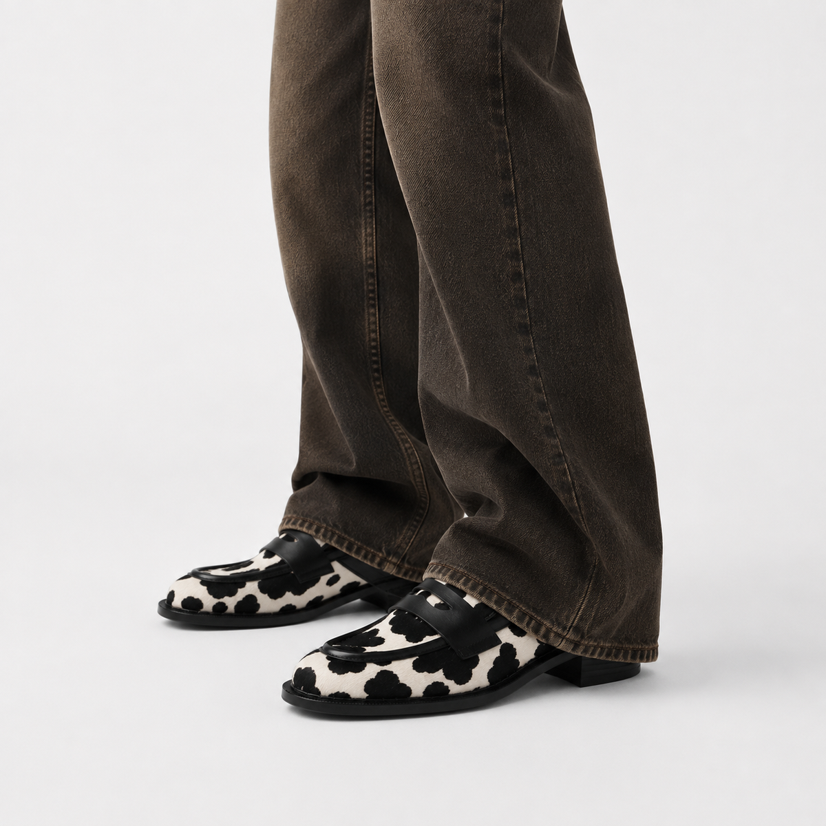 Mocassin Cuir Noir Femme Imprimé Vache