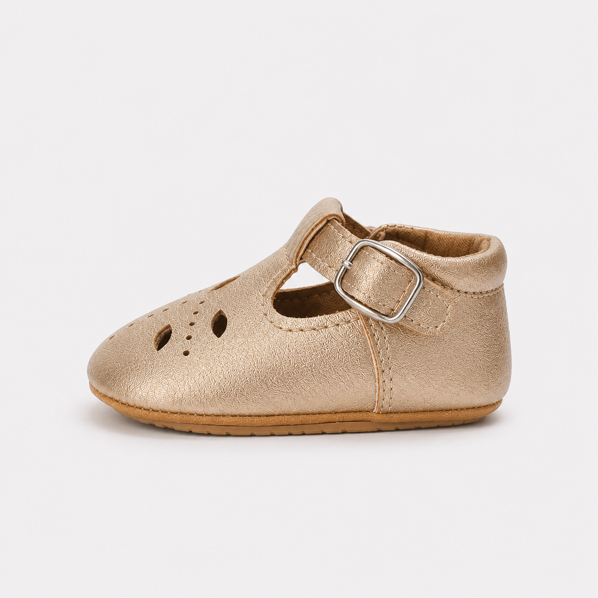 Chaussures premiers pas bébé fille dorées à bride en T