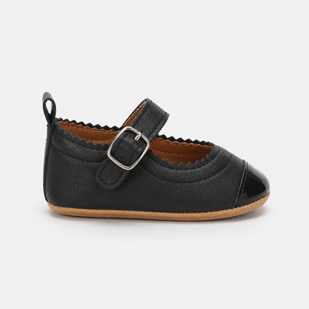 Chaussures premiers pas bébé fille noires en PU à bride boucle