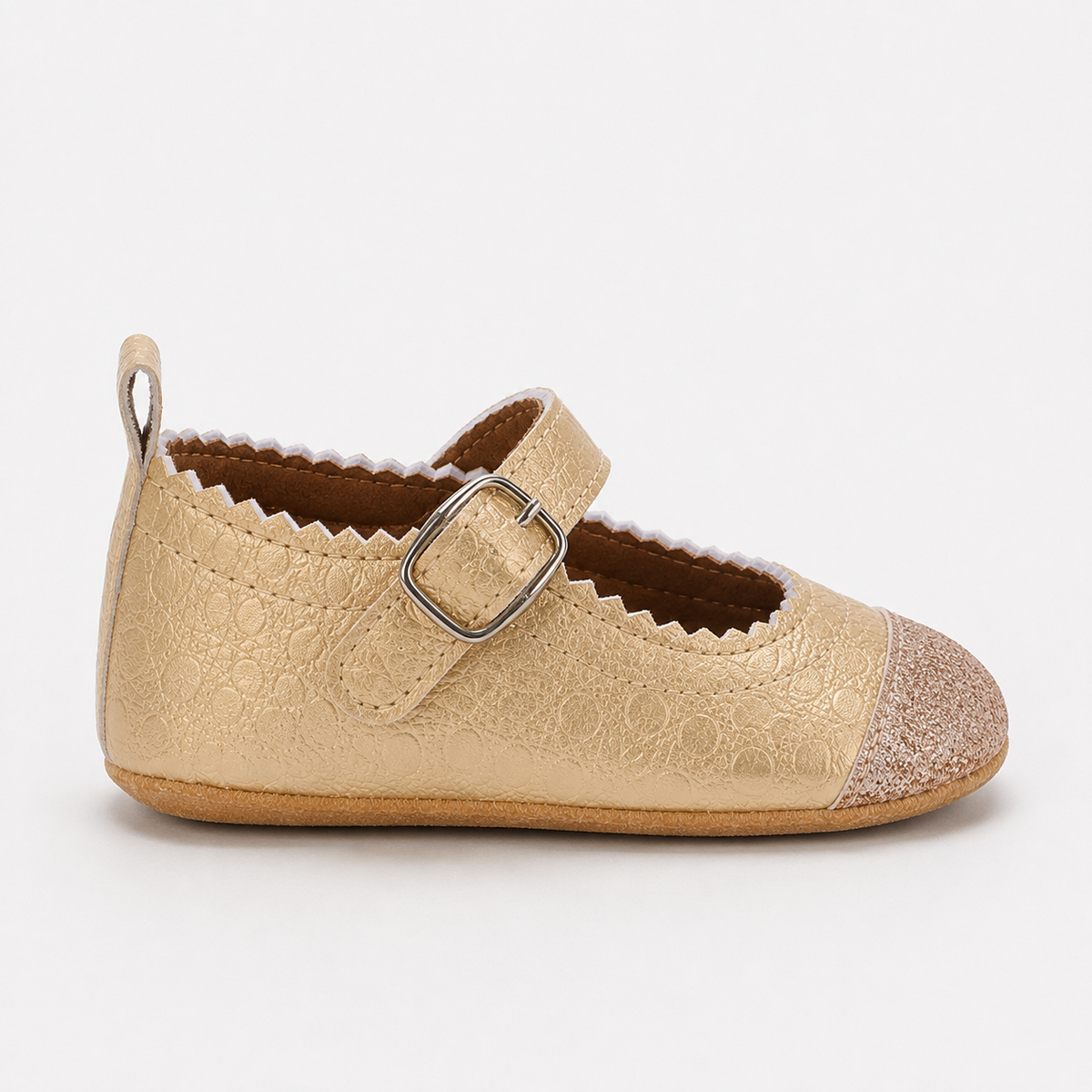 Chaussures premiers pas bébé fille en PU beige doré à bride à boucle