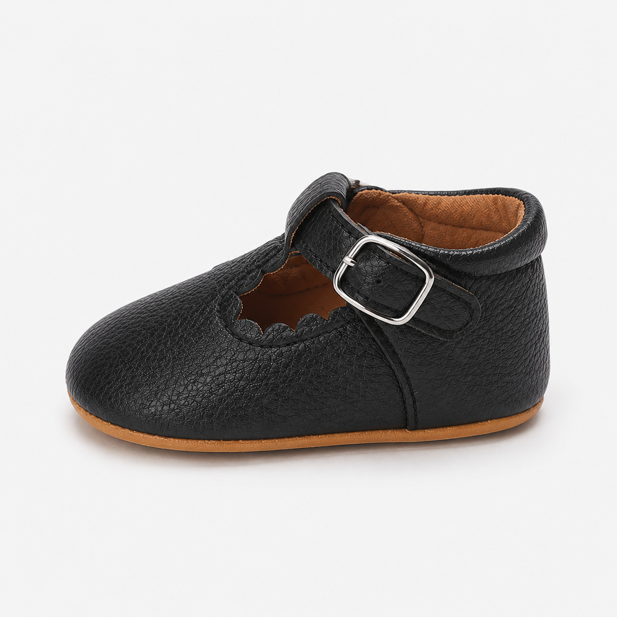 Chaussures premiers pas bébé fille noires en similicuir PU à boucle