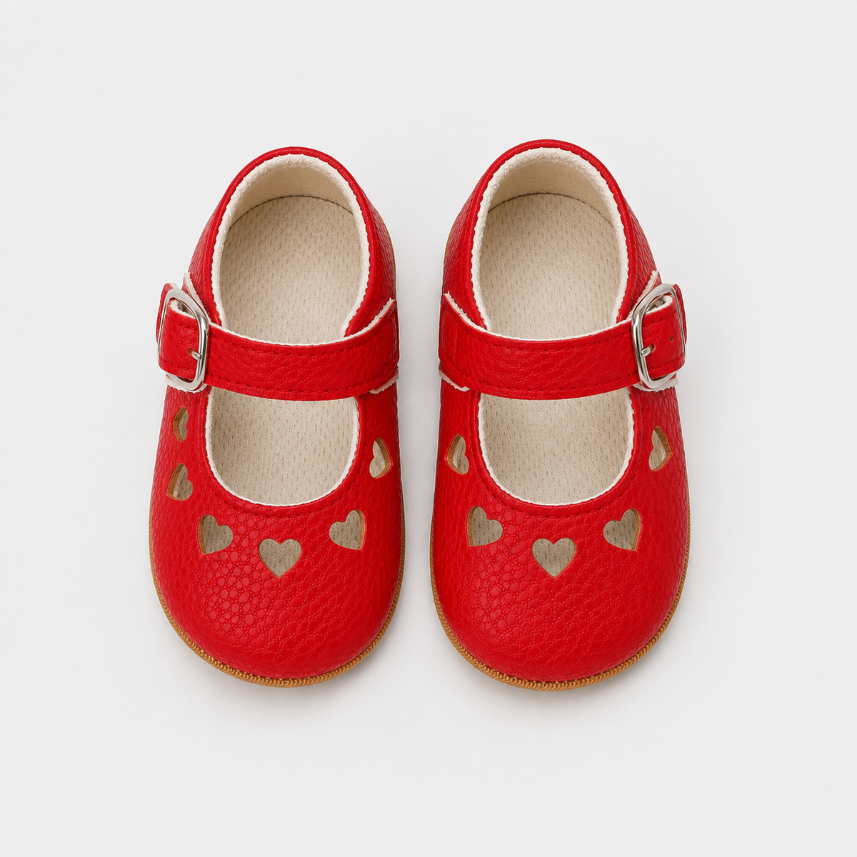 Chaussures premiers pas bébé fille rouges à cœurs, similicuir PU