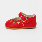 Chaussures premiers pas bébé fille rouges à cœurs, similicuir PU