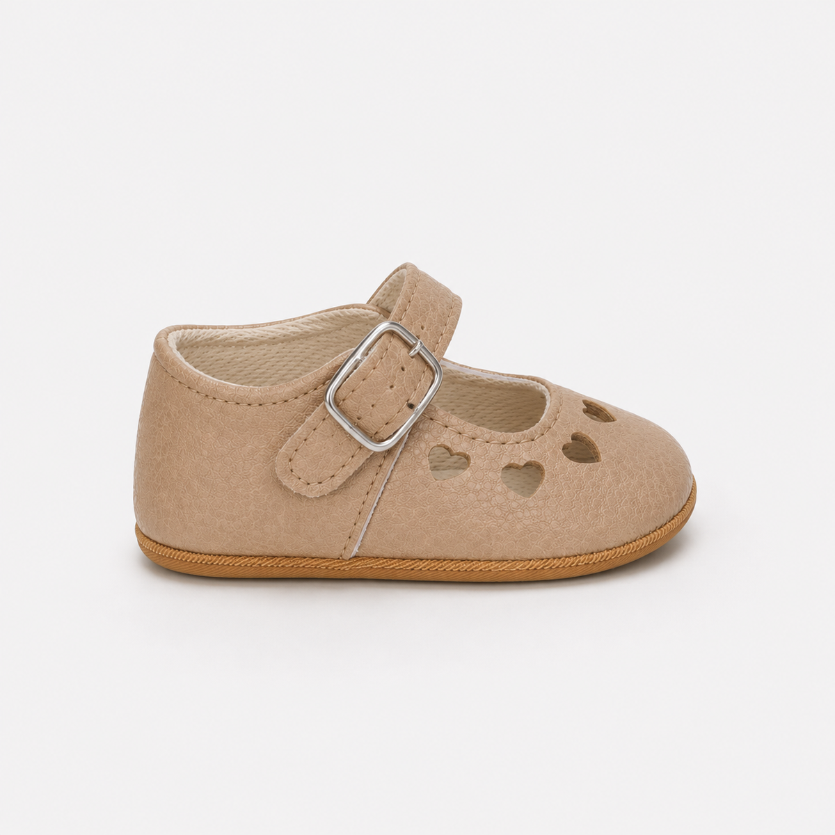 Chaussures premiers pas bébé fille beige en PU à cœurs ajourés