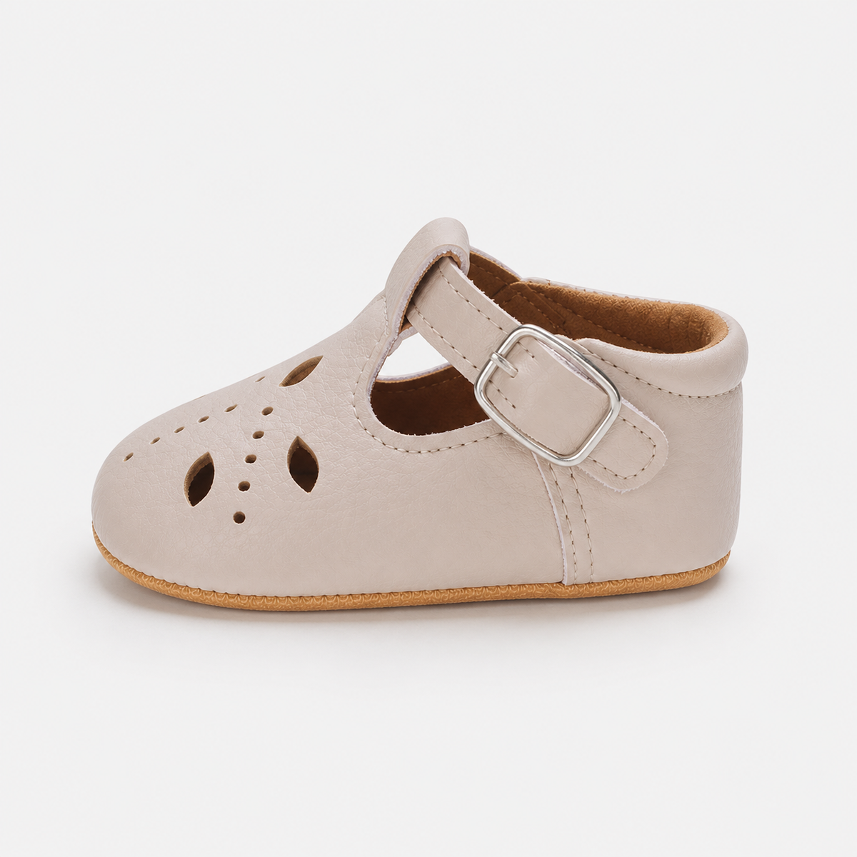 Chaussures premiers pas bébé fille beige en similicuir PU à bride en T