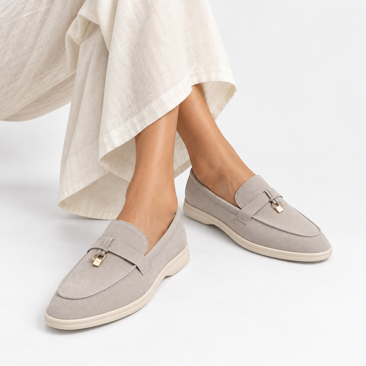 Mocassin Daim Homme En Cuir Suédé Gris Clair