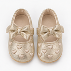 Chaussures premiers pas bébé fille dorées à nœud et cœurs brodés