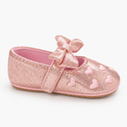 Chaussures de premier pas bébé fille rose pailleté à cœurs avec nœud