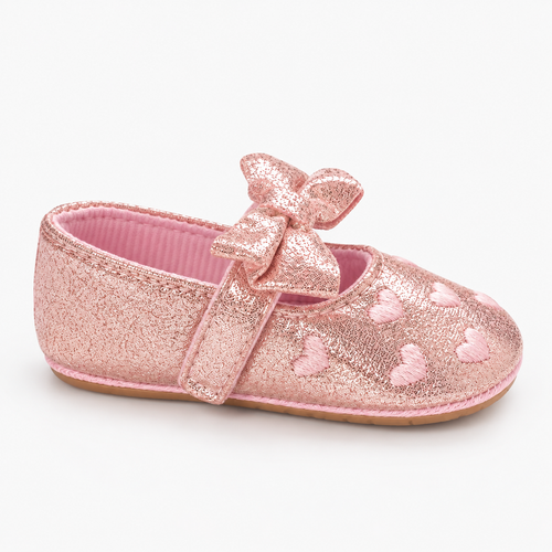 Chaussures de premier pas bébé fille rose pailleté à cœurs avec nœud