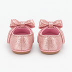 Chaussures de premier pas bébé fille rose pailleté à cœurs avec nœud