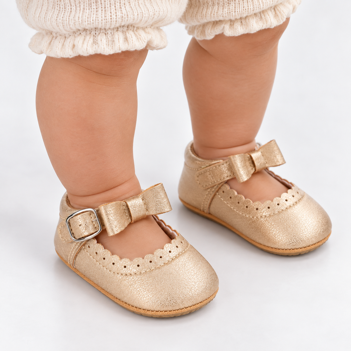 Babies dorées pour bébé fille avec nœud et bords festonnés