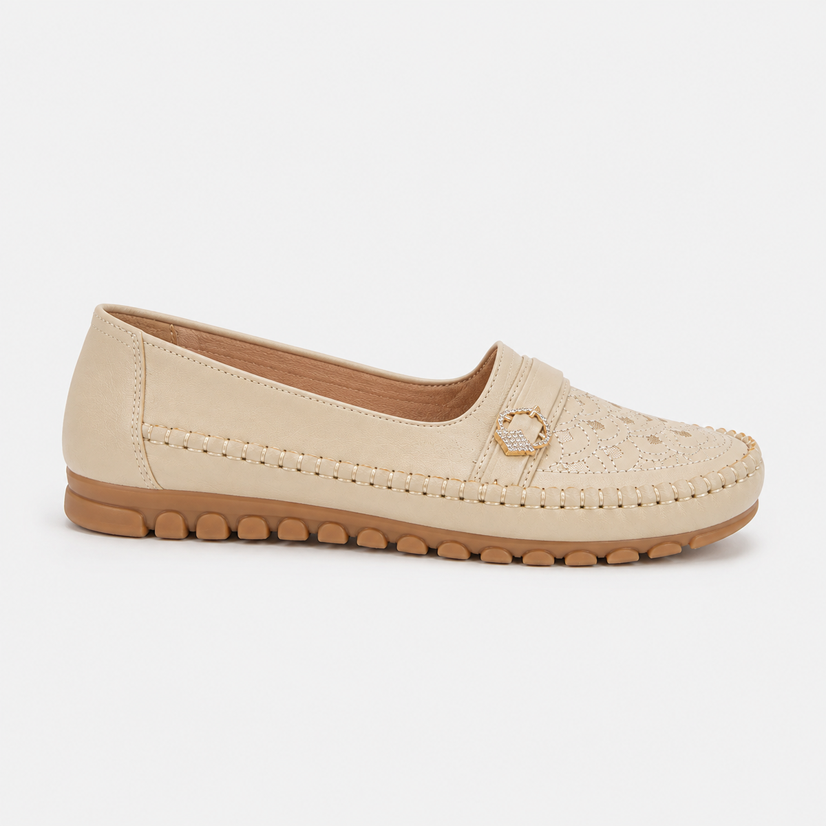 Mocassin Cuir Artificiel Beige Sans Lacets