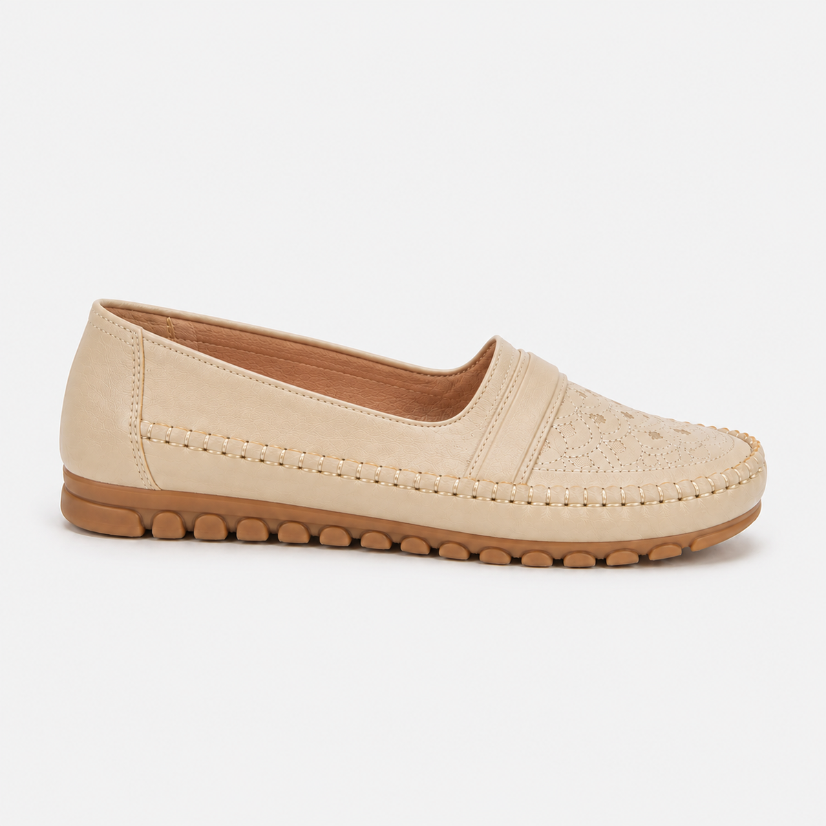 Mocassin Cuir Artificiel Beige Sans Lacets