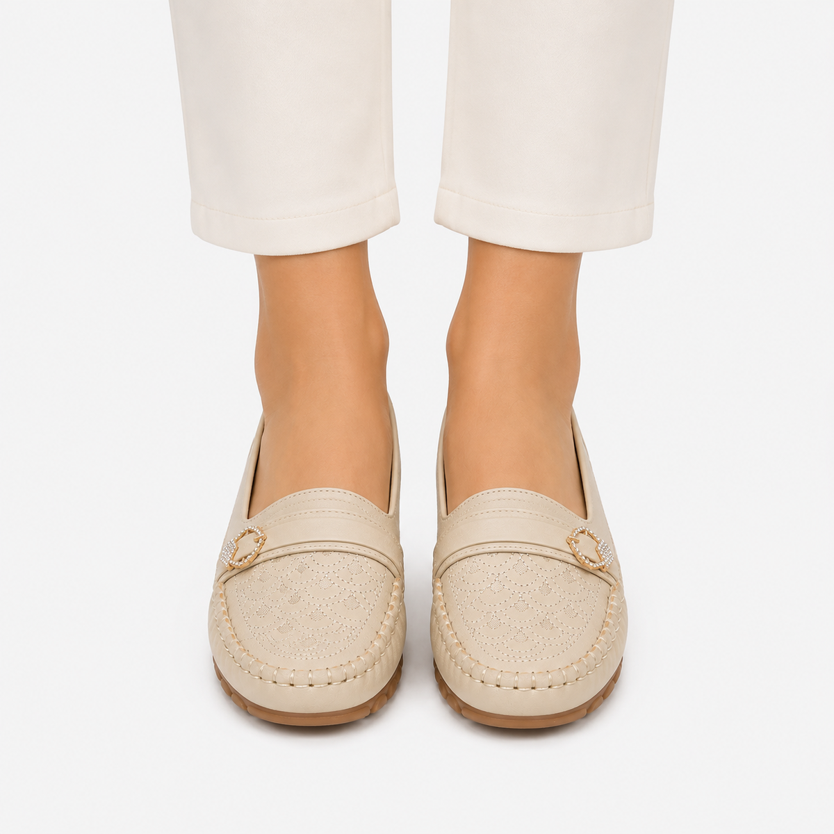 Mocassin Cuir Artificiel Beige Sans Lacets