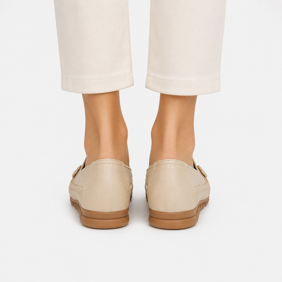 Mocassin Cuir Artificiel Beige Sans Lacets
