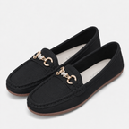 Mocassin Noire Femme En Simili-Cuir Grainé Avec Boucle Dorée