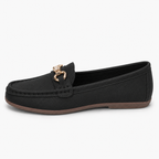 Mocassin Noire Femme En Simili-Cuir Grainé Avec Boucle Dorée