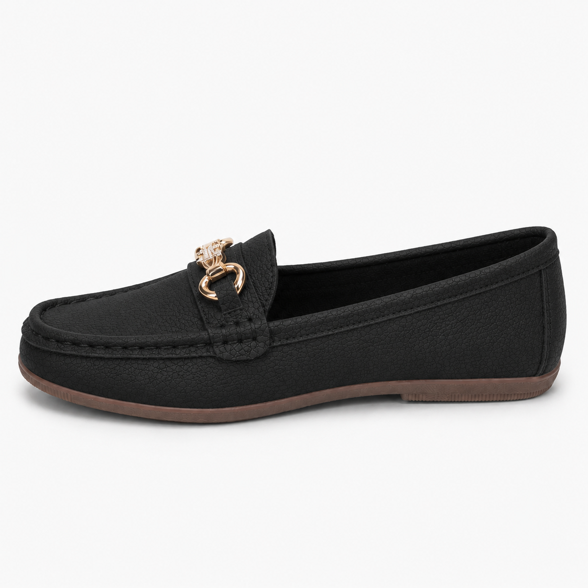Mocassin Noire Femme En Simili-Cuir Grainé Avec Boucle Dorée