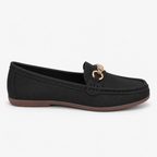 Mocassin Noire Femme En Simili-Cuir Grainé Avec Boucle Dorée