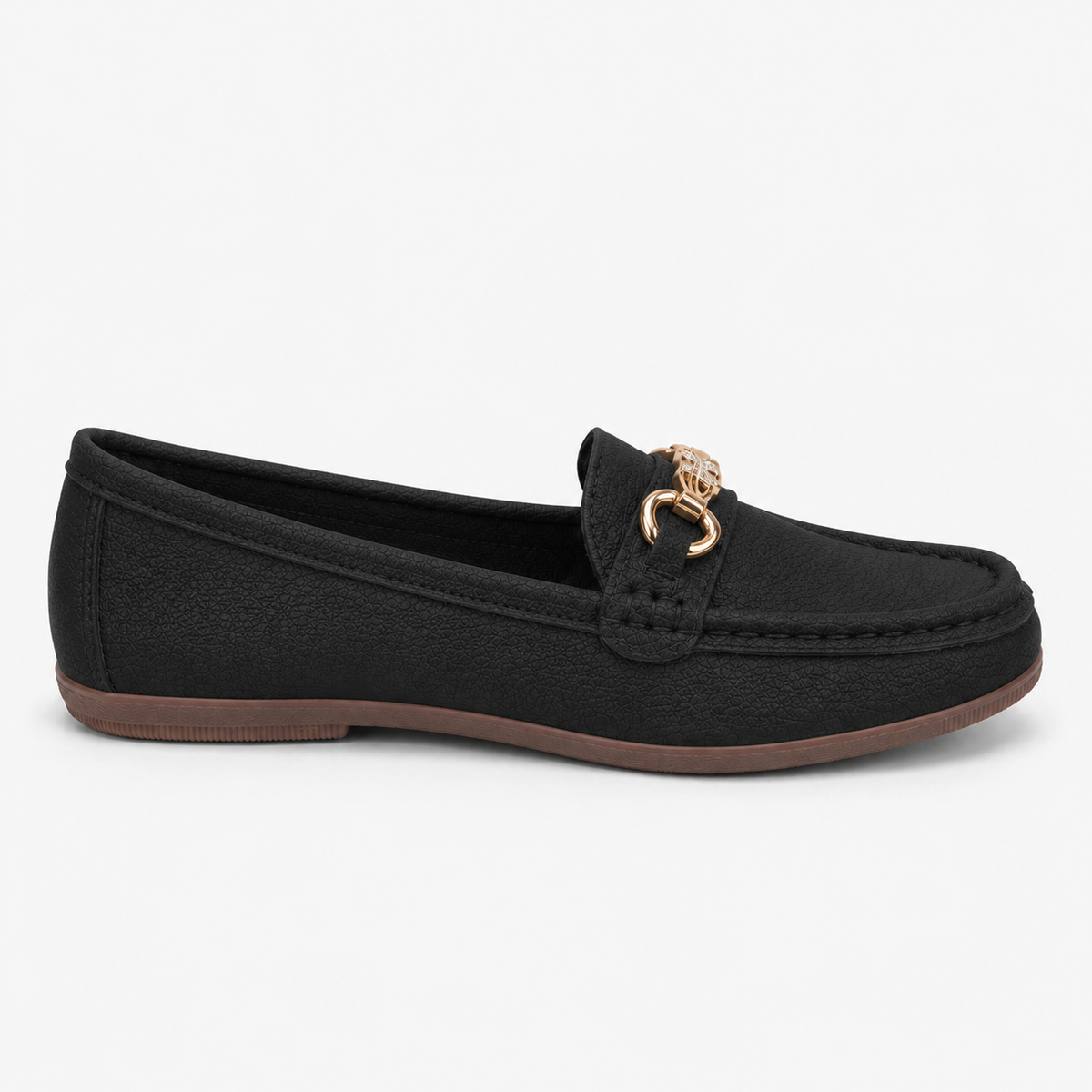 Mocassin Noire Femme En Simili-Cuir Grainé Avec Boucle Dorée