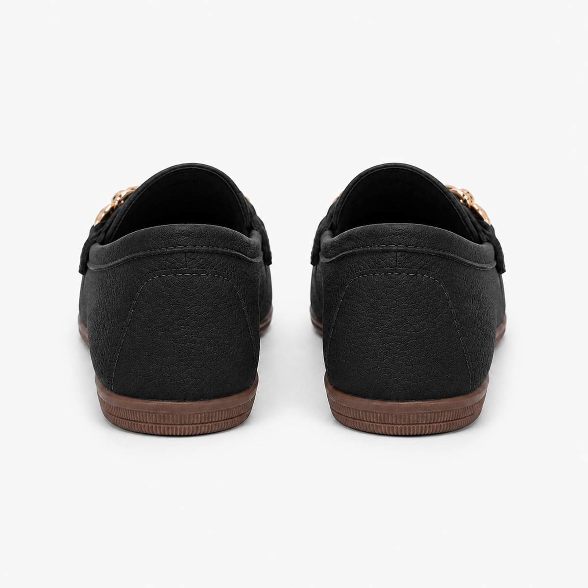 Mocassin Noire Femme En Simili-Cuir Grainé Avec Boucle Dorée