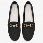 Mocassin Noire Femme En Simili-Cuir Grainé Avec Boucle Dorée
