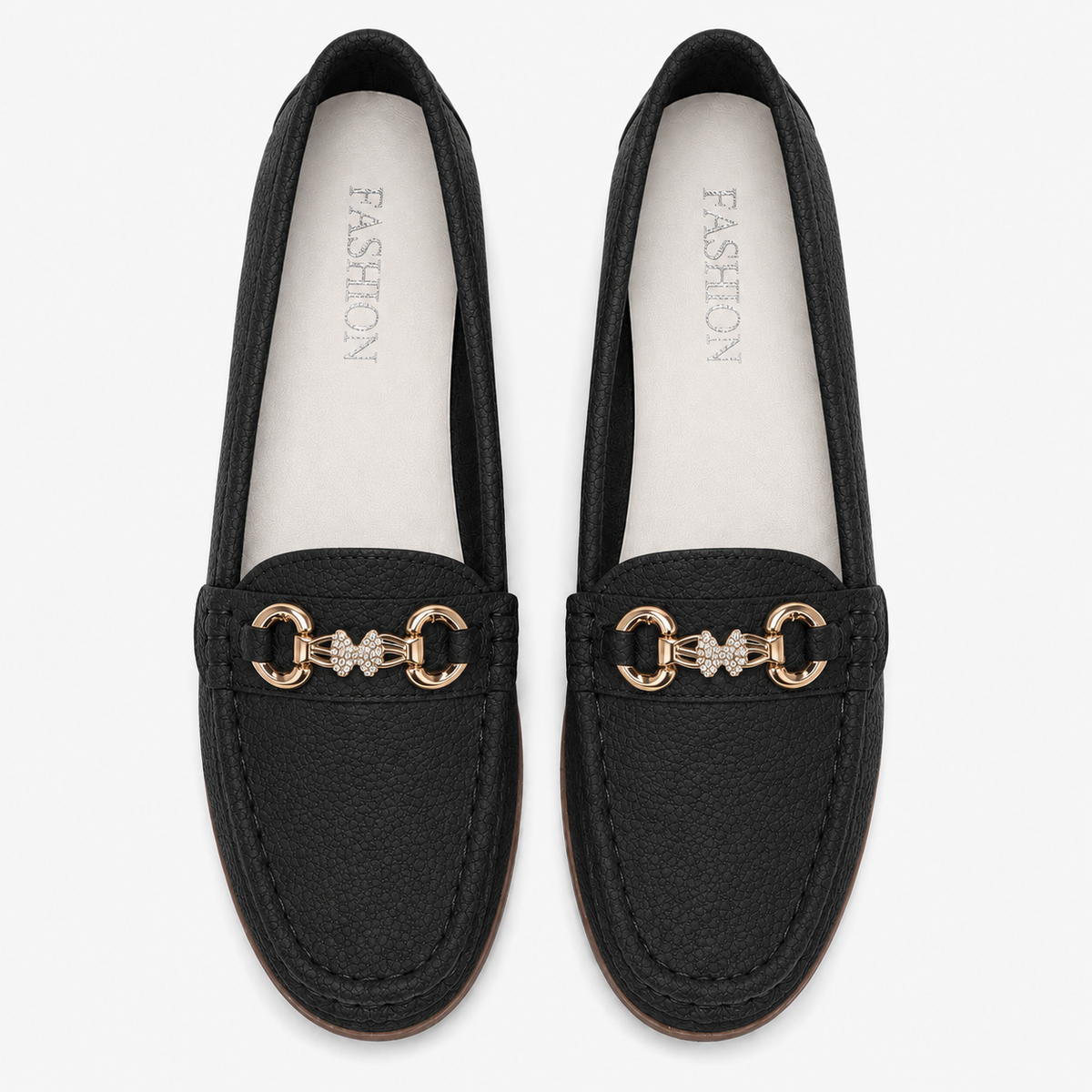 Mocassin Noire Femme En Simili-Cuir Grainé Avec Boucle Dorée