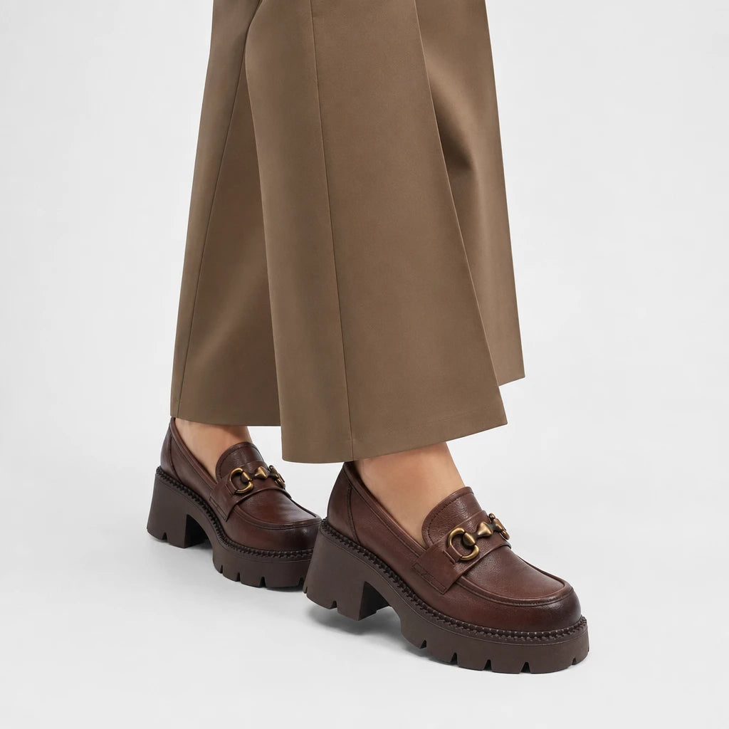 DRKANOL Women Thick Heel Loafers Slip On Pumps Spring Autumn New Design Metal Genuine Leather Round Toe High Heel Platform Shoes