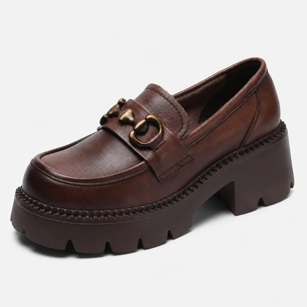 DRKANOL Women Thick Heel Loafers Slip On Pumps Spring Autumn New Design Metal Genuine Leather Round Toe High Heel Platform Shoes
