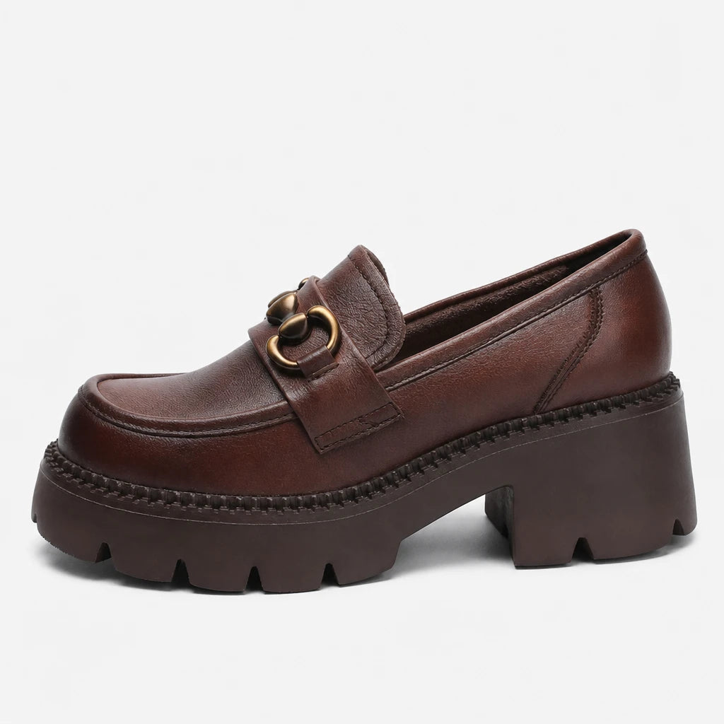DRKANOL Women Thick Heel Loafers Slip On Pumps Spring Autumn New Design Metal Genuine Leather Round Toe High Heel Platform Shoes