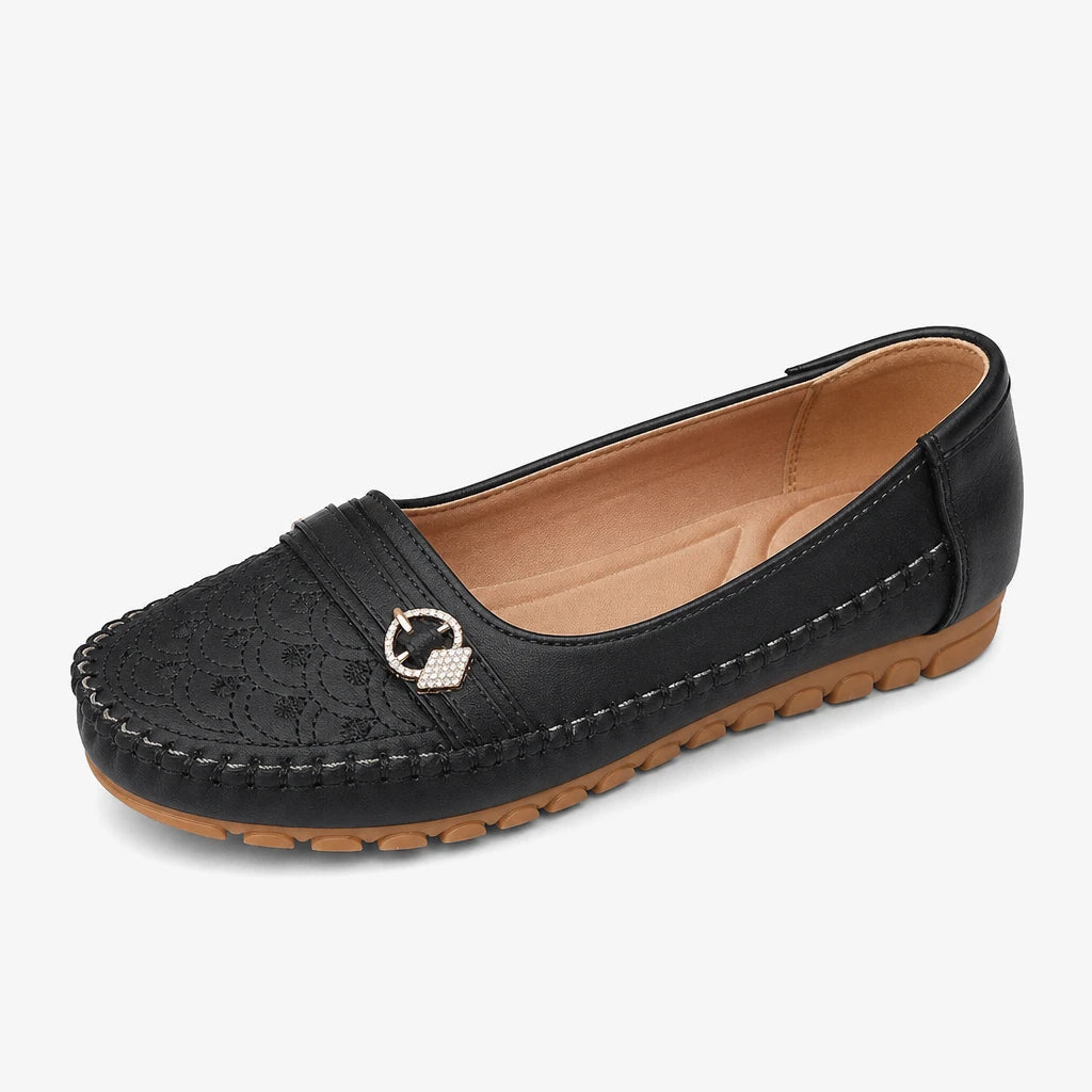 goreyodoly Women Comfortable Slip-On Loafers, Lightweight Breathable Wide Fit Flats with Embroidery & Rhinestone Buckle (Copie) (Copie)