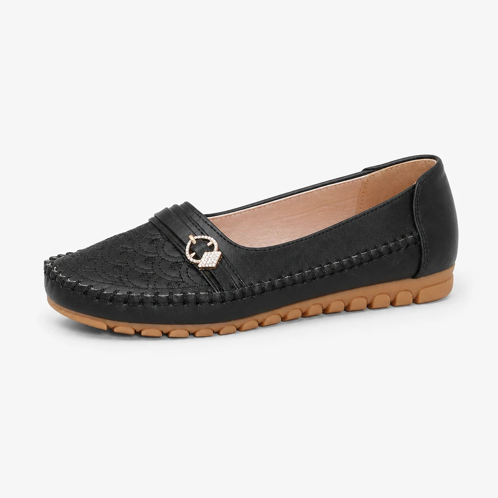 goreyodoly Women Comfortable Slip-On Loafers, Lightweight Breathable Wide Fit Flats with Embroidery & Rhinestone Buckle (Copie) (Copie)