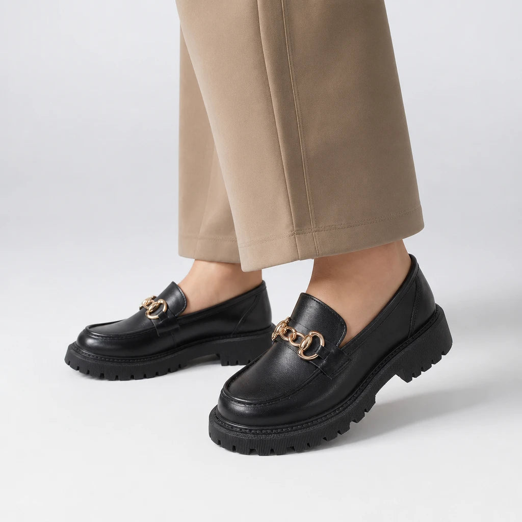 Patent Leather Block Heel Single Shoes Autumn New Round Toe Deep Mouth Metal Chain Platform Anti-Slip Wear-Resistant Loafers (Copie)