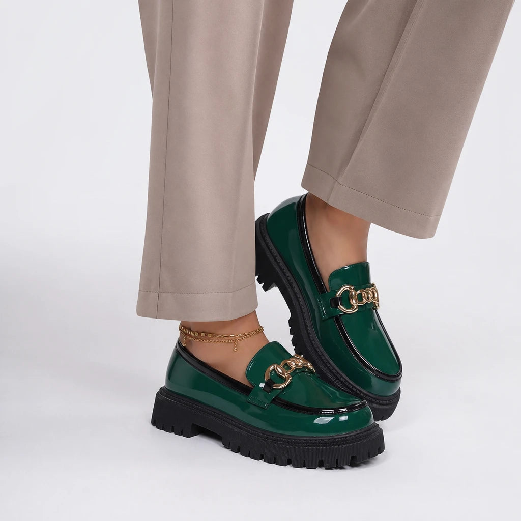 Patent Leather Block Heel Single Shoes Autumn New Round Toe Deep Mouth Metal Chain Platform Anti-Slip Wear-Resistant Loafers (Copie) (Copie)
