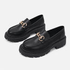 Patent Leather Block Heel Single Shoes Autumn New Round Toe Deep Mouth Metal Chain Platform Anti-Slip Wear-Resistant Loafers (Copie)