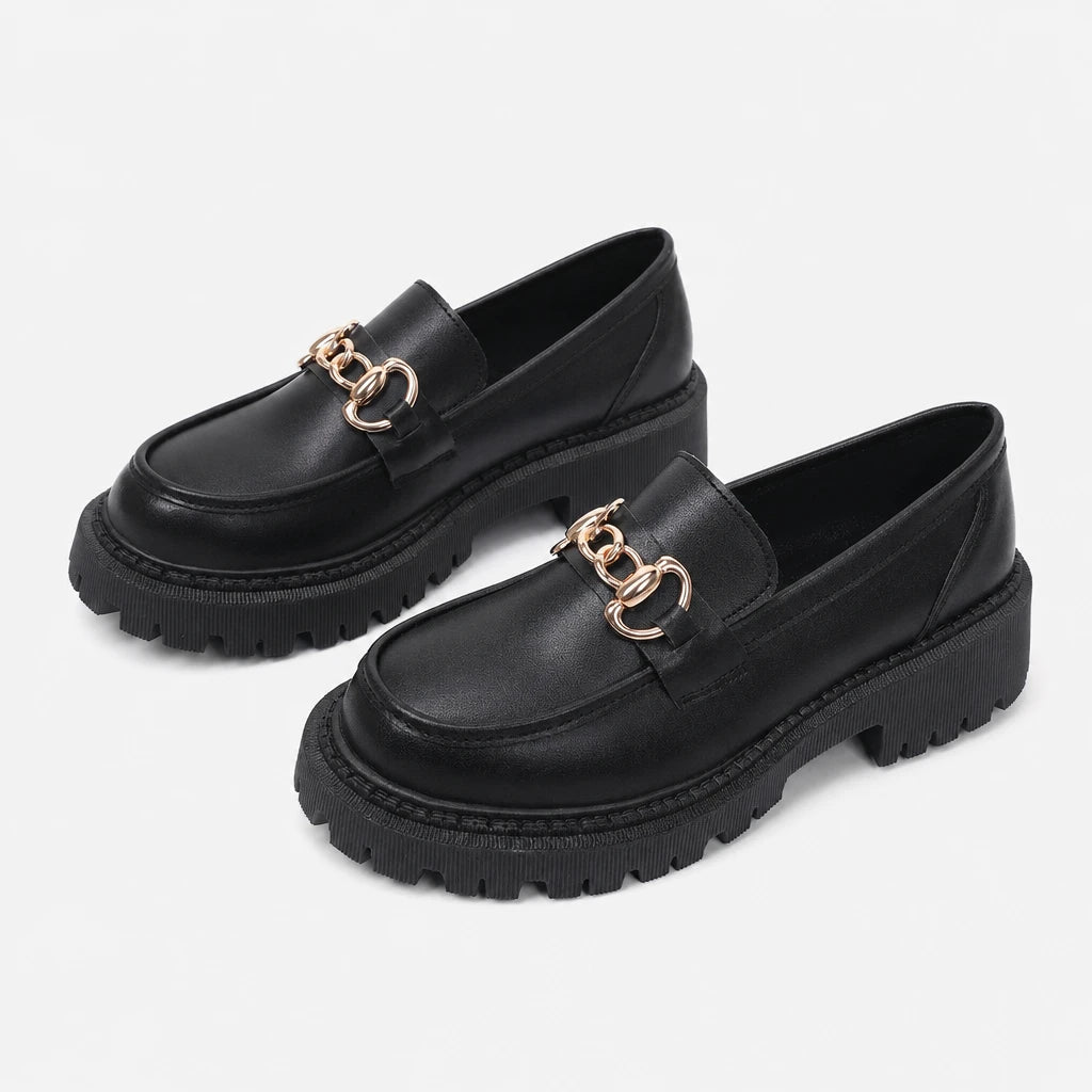 Patent Leather Block Heel Single Shoes Autumn New Round Toe Deep Mouth Metal Chain Platform Anti-Slip Wear-Resistant Loafers (Copie)