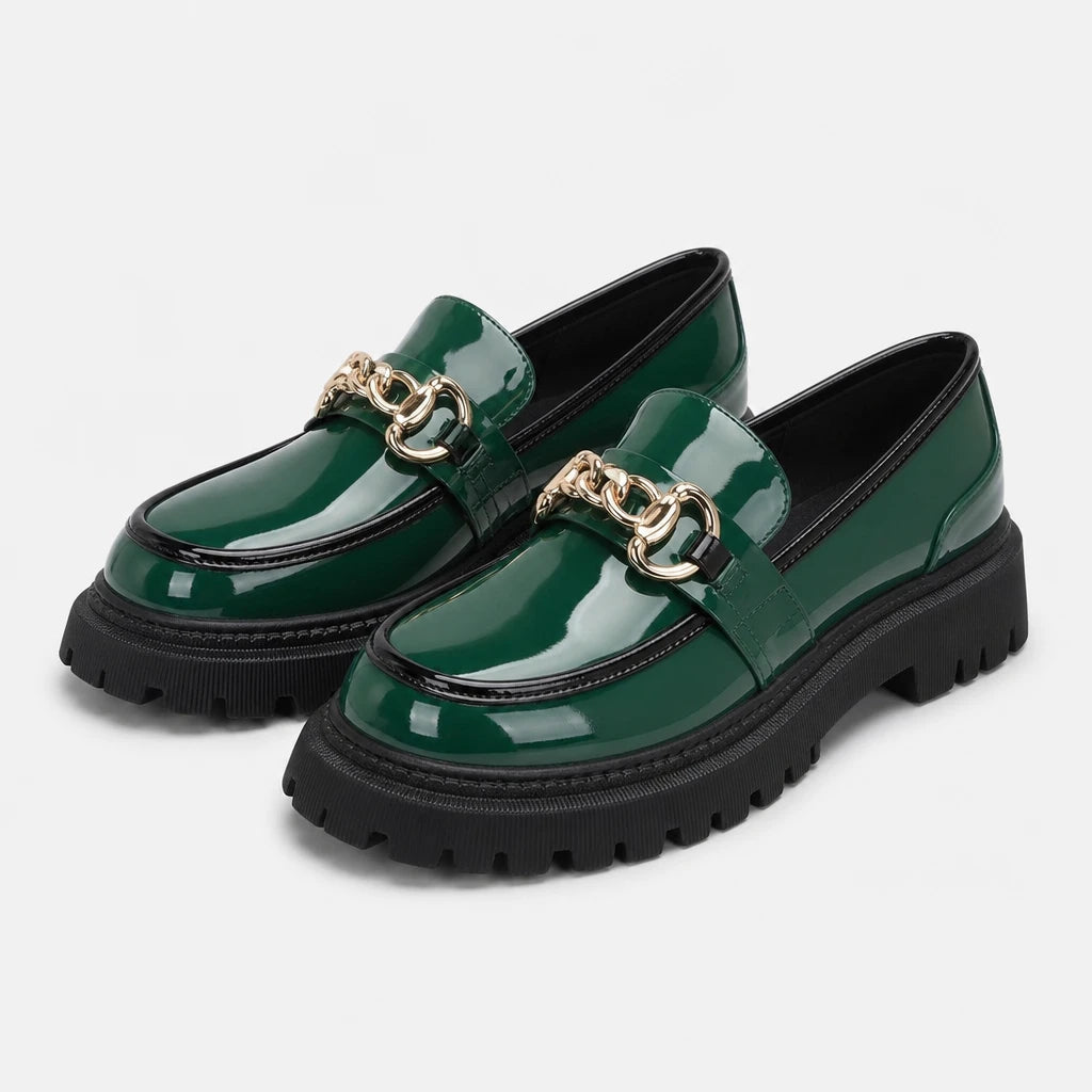 Patent Leather Block Heel Single Shoes Autumn New Round Toe Deep Mouth Metal Chain Platform Anti-Slip Wear-Resistant Loafers (Copie) (Copie)