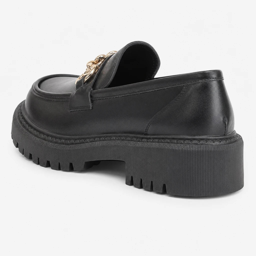 Patent Leather Block Heel Single Shoes Autumn New Round Toe Deep Mouth Metal Chain Platform Anti-Slip Wear-Resistant Loafers (Copie)