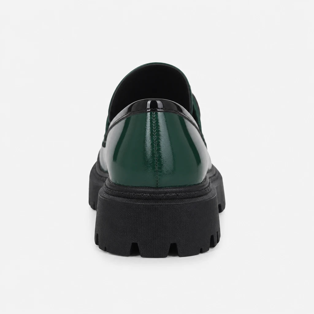 Patent Leather Block Heel Single Shoes Autumn New Round Toe Deep Mouth Metal Chain Platform Anti-Slip Wear-Resistant Loafers (Copie) (Copie)