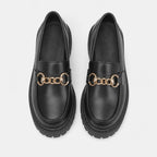 Patent Leather Block Heel Single Shoes Autumn New Round Toe Deep Mouth Metal Chain Platform Anti-Slip Wear-Resistant Loafers (Copie)