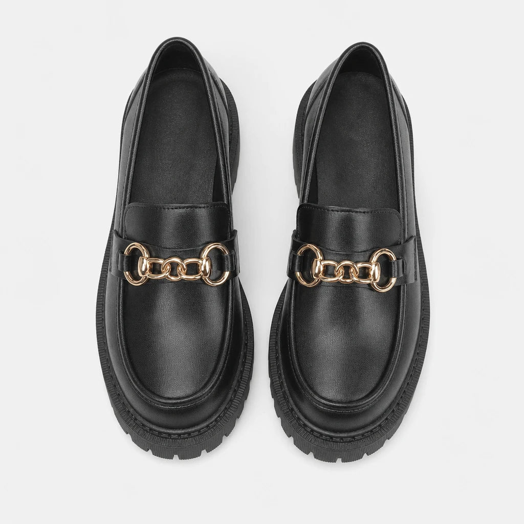 Patent Leather Block Heel Single Shoes Autumn New Round Toe Deep Mouth Metal Chain Platform Anti-Slip Wear-Resistant Loafers (Copie)