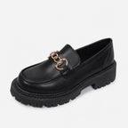 Patent Leather Block Heel Single Shoes Autumn New Round Toe Deep Mouth Metal Chain Platform Anti-Slip Wear-Resistant Loafers (Copie)