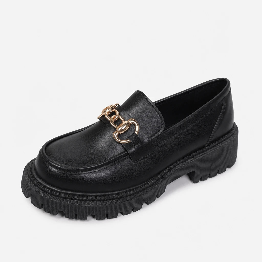 Patent Leather Block Heel Single Shoes Autumn New Round Toe Deep Mouth Metal Chain Platform Anti-Slip Wear-Resistant Loafers (Copie)