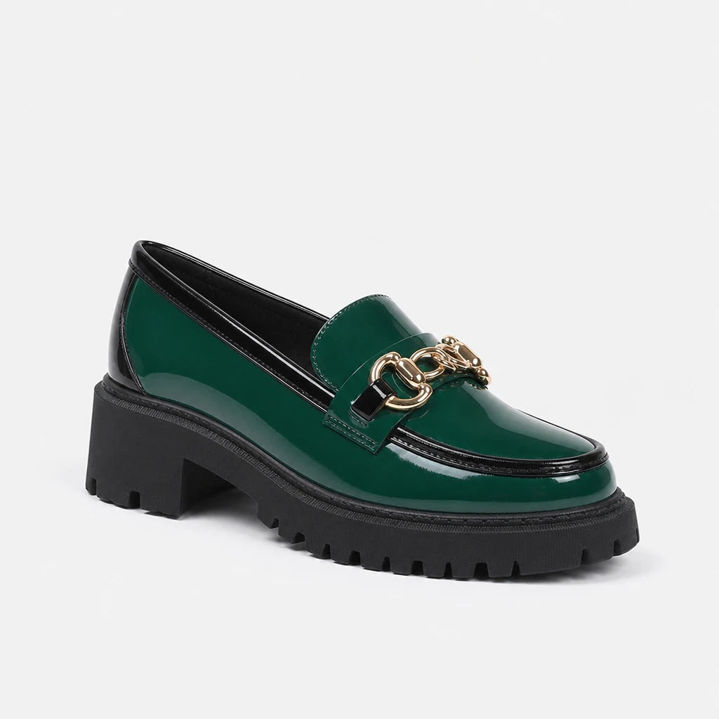 Patent Leather Block Heel Single Shoes Autumn New Round Toe Deep Mouth Metal Chain Platform Anti-Slip Wear-Resistant Loafers (Copie) (Copie)